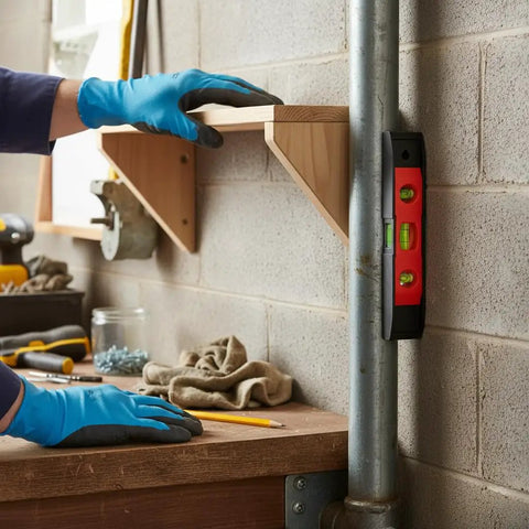 Spirit Level, 3, New Yellow Level 23CM used to level a wooden shelf during installation, with blue gloved hand.