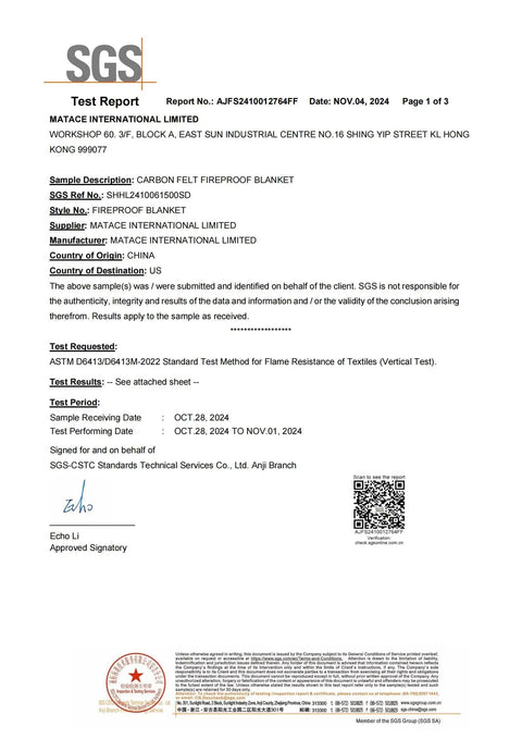 SGS test report for Pro Grade Heavy Duty Welding Blanket Fireproof Carbon Felt 5mm Soldering Mat And Pad Heat Shield