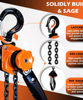 Front view of YATOINTO mini lever chain hoist with orange housing, black handle, and chain with hooks