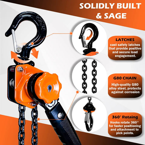 Front view of YATOINTO mini lever chain hoist with orange housing, black handle, and chain with hooks