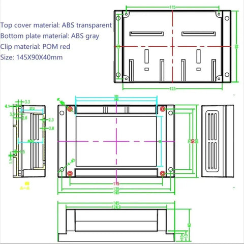 DIN Rail ESP32 Devkit V1 30 Pin Expansion Board For Industrial IoT On 35mm Rails Plug And Play DIY Friendly Microcontroller Expansion Tool Free Snap Mount Vibration Resistant Simplifies Cabinet Wiring And Deployment. Technical drawing of ABS enclosure, 145x90x40mm