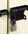 Heavy Duty Stainless Steel Gate Latch And Bolt For Wood Garden Fence Smooth Glider Security Bar with padlock on wooden door.