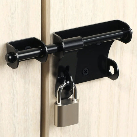 Heavy Duty Stainless Steel Gate Latch And Bolt For Wood Garden Fence Smooth Glider Security Bar with padlock on wooden door.