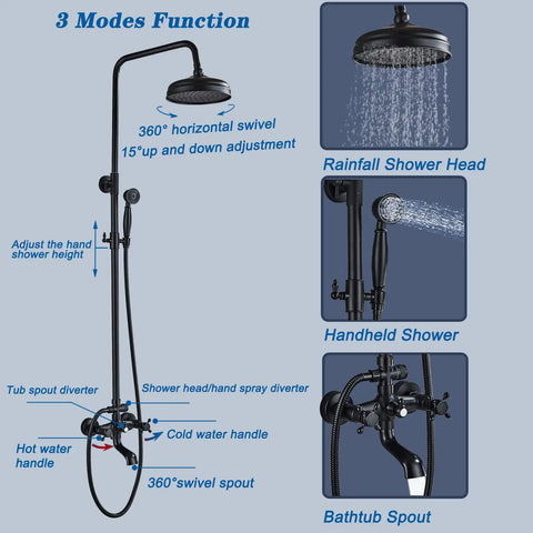 Matte Black Outdoor Shower Faucet Set With 8 Inch Rainfall Shower Head And Handheld Spray Luxury Shower System For Backyard