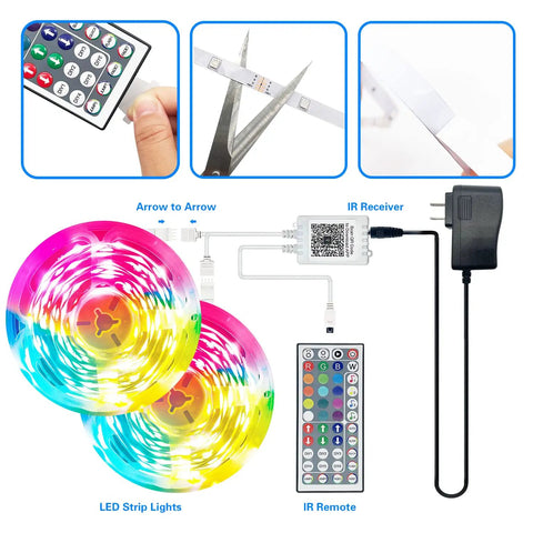 Two Rolls Of 65.6 Ft Color Changing LED Strip Lights, 130 Ft Total with IR remote, power adapter, and installation details