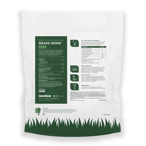 Grass Genie 10-0-6 Organic Spring Lawn Fertilizer, 16 Lb Bag with instructions and coverage details on packaging