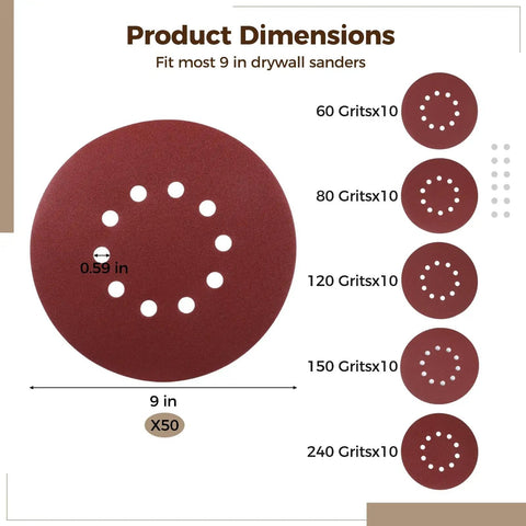 Top 50 Pack Professional Sanding Discs For Drywall Sander And Woodworking Tasks With 60 To 240 Grit Aluminum Oxide Paper, 9 in size