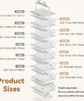 Heavy Duty Slide Out Shoe Rack Badass Adjustable Organizer With 4 To 15 Tiers For Closet Wardrobe sizes chart with measurements and adjustable height.