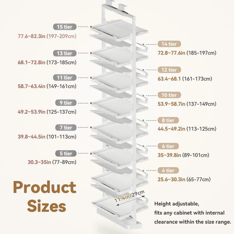 Heavy Duty Slide Out Shoe Rack Badass Adjustable Organizer With 4 To 15 Tiers For Closet Wardrobe sizes chart with measurements and adjustable height.