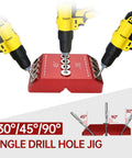 Portable Drill Guide Jig With 30 45 And 90 Degree Angles For Precise Angled Or Straight Hole Drilling Four Guide Hole Sizes Including Three Eighths Inch Perfect For Cable Railing Posts Lag Screws And Wood Post Installations showing drill setup