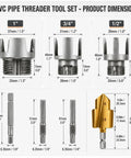 Knockout 10 Piece PVC Pipe Threader Kit For Power Drill Dual NPT Die Heads product dimensions with size specifications.