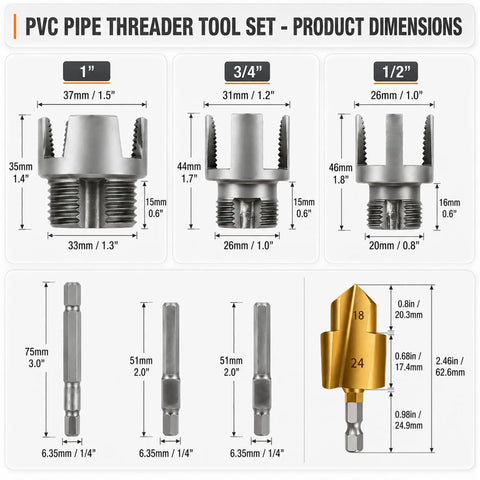 Knockout 10 Piece PVC Pipe Threader Kit For Power Drill Dual NPT Die Heads product dimensions with size specifications.