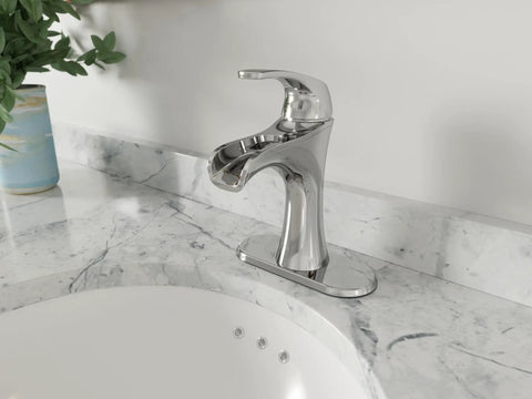 Jaida Single Handle Waterfall Bathroom Sink Faucet 1 Hole Chrome Finish with Pforever Seal, deck-mounted on marble countertop