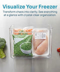 Crystal Clear Freezer Storage Bins Set 2 Pack Or 4 Pack With Easy Grab Handles, Stackable Freezer Organizer Bins with food items inside