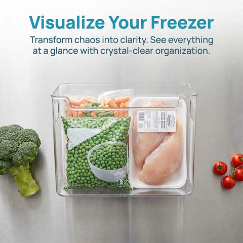 Crystal Clear Freezer Storage Bins Set 2 Pack Or 4 Pack With Easy Grab Handles, Stackable Freezer Organizer Bins with food items inside