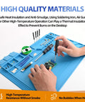 Heat Resistant Silicone Soldering Pad For Electronics Workstation With Anti Static Surface Magnetic Area And Built In Screw Storage 932F Safe 17.7x11.8 Inch Solder Mat Perfect For BGA Soldering And Repair Jobs in use with tools and circuit board.
