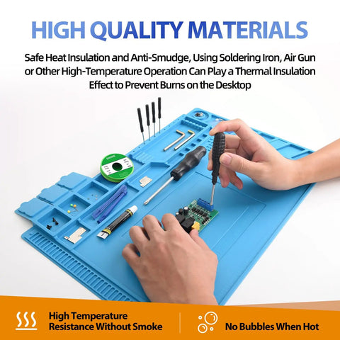 Heat Resistant Silicone Soldering Pad For Electronics Workstation With Anti Static Surface Magnetic Area And Built In Screw Storage 932F Safe 17.7x11.8 Inch Solder Mat Perfect For BGA Soldering And Repair Jobs in use with tools and circuit board.