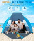 Family enjoys Portable Beach Tent For 3 To 7 People, UPF 50 Plus Sun Shelter with easy setup on a sunny beach, showing windproof stability.