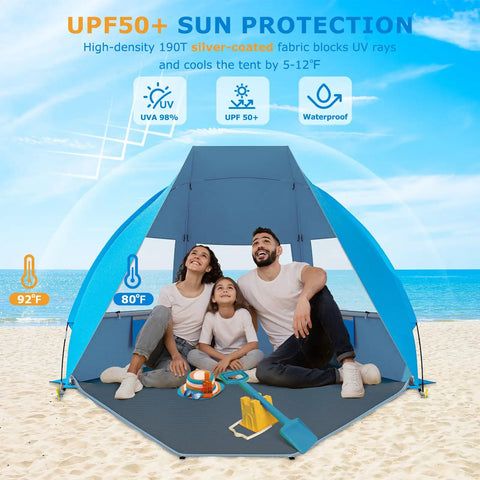 Family enjoys Portable Beach Tent For 3 To 7 People, UPF 50 Plus Sun Shelter with easy setup on a sunny beach, showing windproof stability.