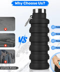 Collapsible 16oz Silicone Water Bottle With Carabiner For Gym Travel Camping Hiking Sports Lightweight BPA Free Leak Proof Foldable Design Light Pink TSA Friendly Travel Ready in black, highlighting durability and portability.