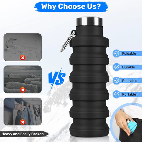 Collapsible 16oz Silicone Water Bottle With Carabiner For Gym Travel Camping Hiking Sports Lightweight BPA Free Leak Proof Foldable Design Light Pink TSA Friendly Travel Ready in black, highlighting durability and portability.