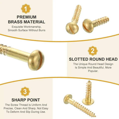 Brass Slotted Round Head Self Tapping Wood Screws M3.5 X 14mm for woodworking, side view showing brass material and slotted head