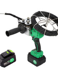 Heavy Duty Cordless Electric Pipe Threader And Cable Stringing Machine With Hella Smooth Variable Speed Control And No Sweat Wire Feeding Rechargeable Battery Powered with attached battery and handle.
