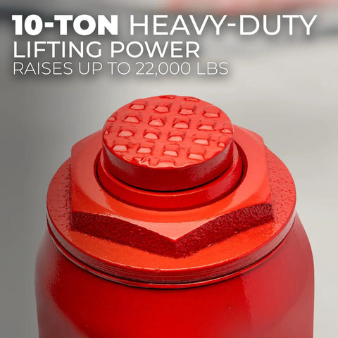 Close-up of the Heavy Duty Ten Ton Hydraulic Bottle Jack Featuring An Adjustable Saddle And Ultra Low Profile Base.