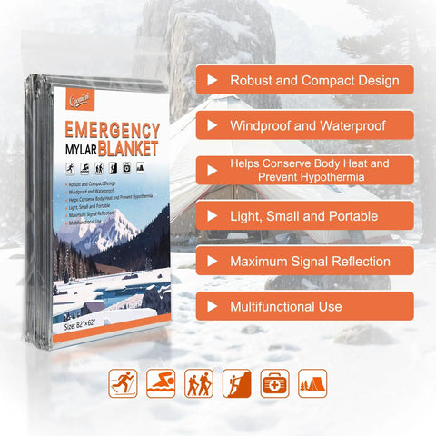 Six Pack Mylar Emergency Blankets 82 By 62 Inches For Cold Weather Survival shown with packaging in snow