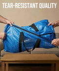 Extra Large Moving Bags 4 Pack Heavy Duty Storage Totes with see through window and wraparound handles being pulled by two people