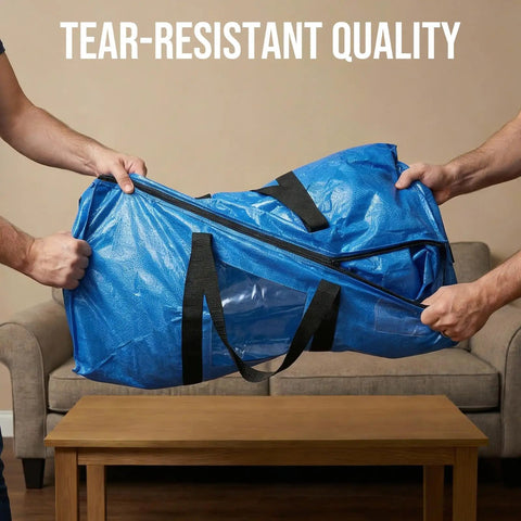 Extra Large Moving Bags 4 Pack Heavy Duty Storage Totes with see through window and wraparound handles being pulled by two people