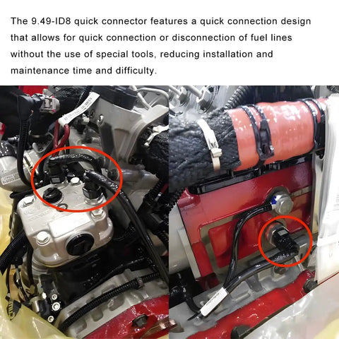 Two Pack Nylon Fuel Line Quick Connectors With Seal Ring, 3/8 To 5/16 Inch Push On Barb Adaptor for Cars and Trucks installed in engine.