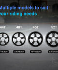 Multiple Bafang mid motor kit chainrings in 44T, 46T, 48T, 52T sizes including 52T Chainring For Bafang Mid Motor Kit Electric Bike Replacement Sprocket Fits Bafang 01 02 Series Beefy Build High Quality Alloy Gear Durable Construction With 44T 46T 48T And 52T Size Options shown against a grey background with dimensions.
