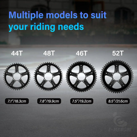 Multiple Bafang mid motor kit chainrings in 44T, 46T, 48T, 52T sizes including 52T Chainring For Bafang Mid Motor Kit Electric Bike Replacement Sprocket Fits Bafang 01 02 Series Beefy Build High Quality Alloy Gear Durable Construction With 44T 46T 48T And 52T Size Options shown against a grey background with dimensions.