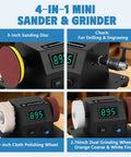 Straight Up Heavy Duty 4 In 1 Mini Disc Sander Electric Tabletop Grinder For Resin Polishing Woodworking Acrylic Plastic And Metal Crafting With Smooth Finish Chuck Mount showcasing sanding disc, polishing wheel, and grinding wheels.