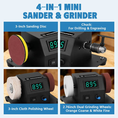 Straight Up Heavy Duty 4 In 1 Mini Disc Sander Electric Tabletop Grinder For Resin Polishing Woodworking Acrylic Plastic And Metal Crafting With Smooth Finish Chuck Mount showcasing sanding disc, polishing wheel, and grinding wheels.