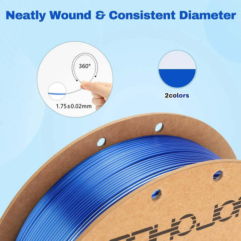 Dope Silk PLA Filament 1.75mm Blue Silver Dual Color Coextrusion For 3D Printers, 2 In 1 Color Change, 1kg Spool