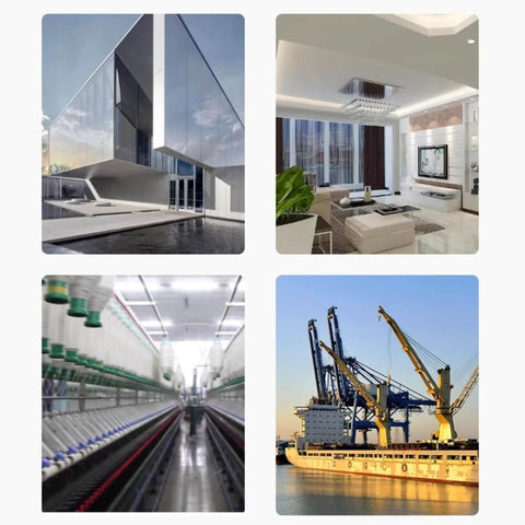 Collage of a modern building exterior, elegant living room interior, industrial textile machinery, and shipping cranes at a port.