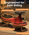 Tot Approved Kid Wiggle Ride On Car Battery Free Twist And Go Steering Play Vehicle showing a low-profile red ride-on car with safety features.