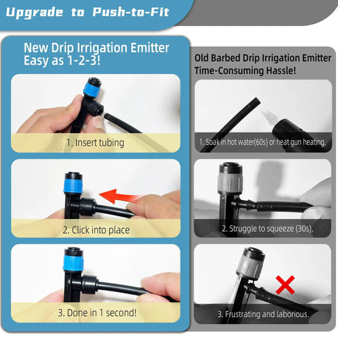 Comparison of Push To Fit One Quarter Inch Drip Irrigation Emitters Kit with quick setup versus traditional laborious installation.