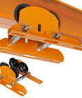 Beefy Electric Hoist Trolley For I Beams With Dual Track Rollers, 1 Ton Load Capacity, orange steel, overhead installation