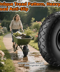 Flat Free 4.10/3.50-4 Solid Tire Wheel Kit, closeup of 10 inch airless replacement with 5/8 inch bearings on garden cart in use