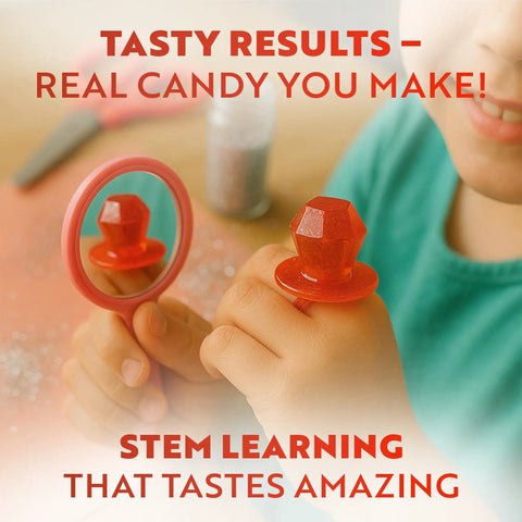 Child holding ring-shaped candy from Hands On Edible Candy Making Science Kit For Kids Ages 8 To 12 With 40 Fun Experiments.