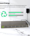 48 Port Gigabit Unmanaged Switch With 2 SFP Slots, Plug And Play Desktop Or Rack Mount, Fanless Metal Case, energy efficiency graph