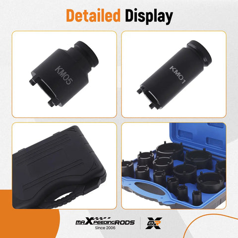13 Piece Spindle Nut Socket Set For KM Groove Nuts Lock Nut Removal And Installation On Ball Joints And Axles For GM Dodge Ford GMC With One Half Inch Drive And Exterior Four Teeth shown with detailed view and case