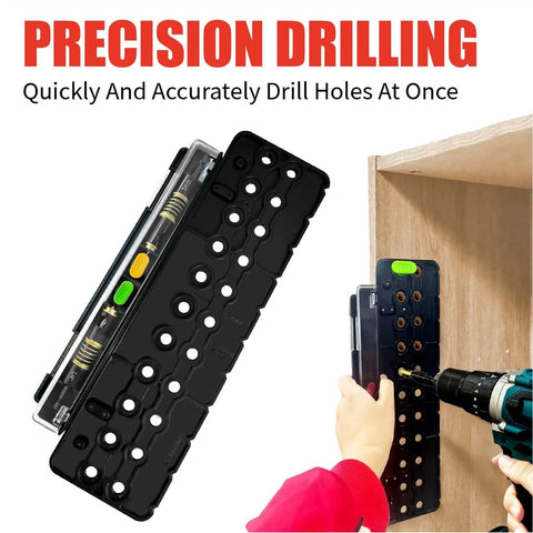 Shelf Pin Drilling Jig For Wobble Shelves No Fuss Quick Setup One Quarter Inch And Five Millimeter Hole Locator in use on a cabinet.
