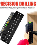 One Quarter Inch Shelf Pin Jig For Cabinets And Shelves Adjustable 5mm 0.2 Inch Hole Drill Guide in use for precision drilling