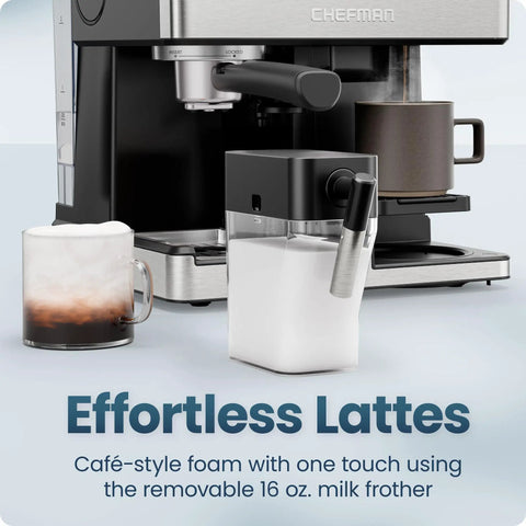 Straight Fire Coffee Station Combining An Elite Espresso Brewer With A Heavy Duty Drip Maker For Pouring Creamy Lattes Or Bold Cappuccinos Plus K Cup Pod And Fresh Ground Compatibility All Day, featuring a milk frother and coffee cups.