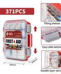 Rhino Rescue 371-PCS all-purpose first aid kit in clear case with red trim, front view