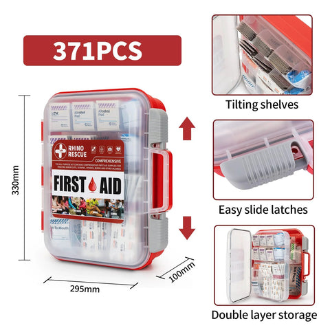 Rhino Rescue 371-PCS all-purpose first aid kit in clear case with red trim, front view